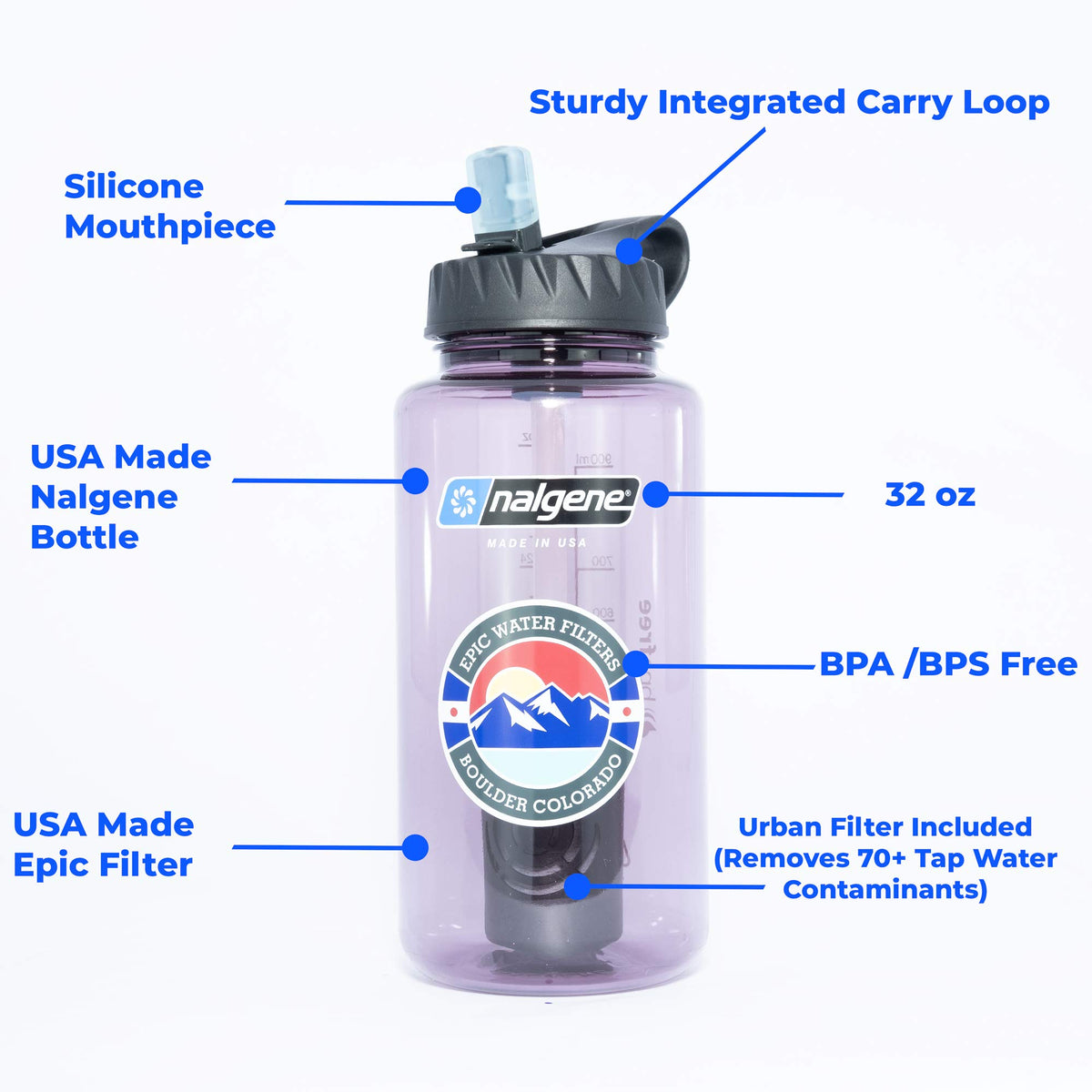 Epic Nalgene OG | Water Filtration Bottle | Wide Mouth 32 oz | American Made Bottle | USA Made Filter Removes 99.99% of Tap Water Contaminants Lead Chlorine Chromium 6 Arsenic Chloroform (Aubergine)