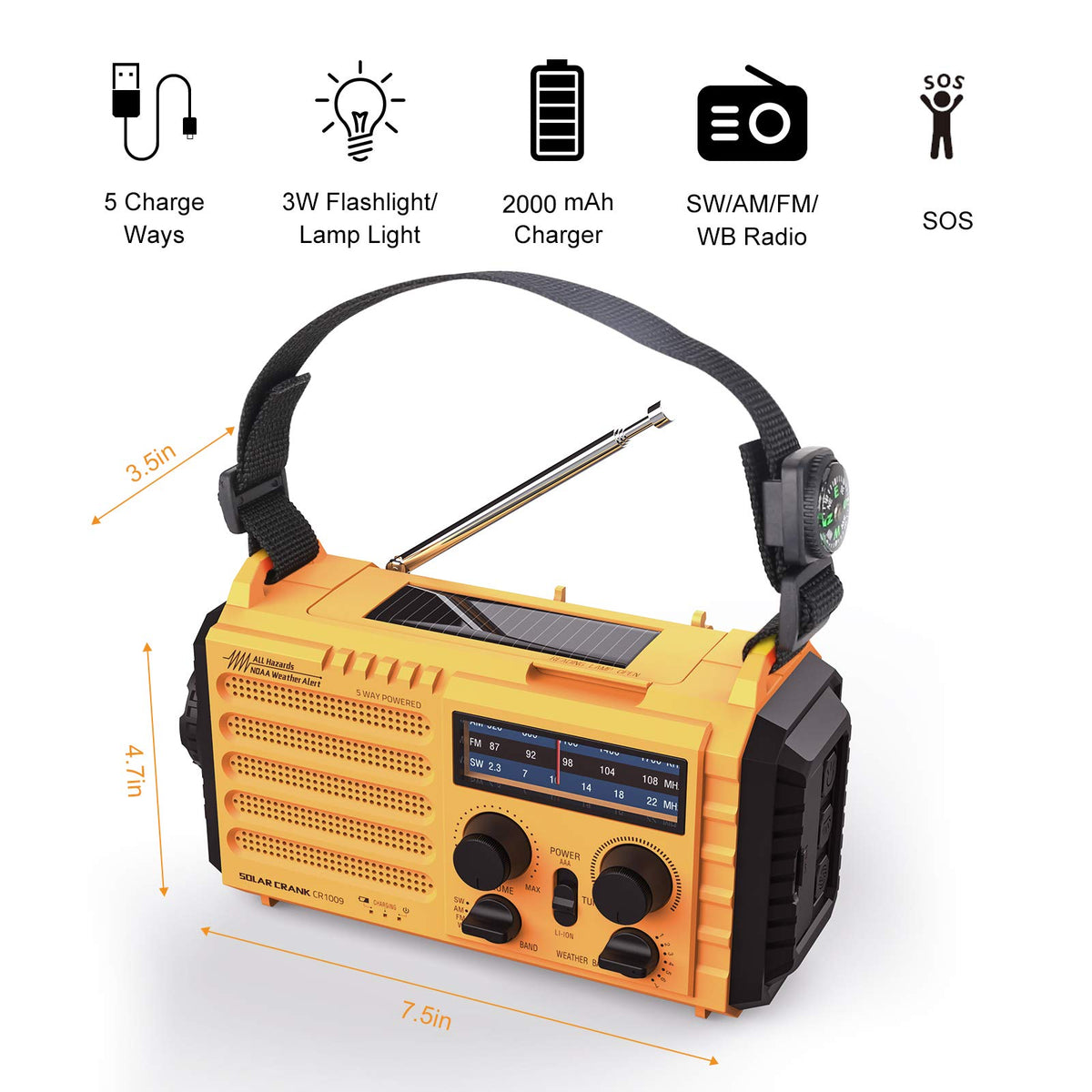 Weather Radio Raynic Solar Hand Crank Emergency Radio 5 Ways Powered AM/FM/SW/NOAA Weather Alert Portable Radio with Flashlight, Reading Lamp, Cellphone Charger and SOS Alarm (Yellow)