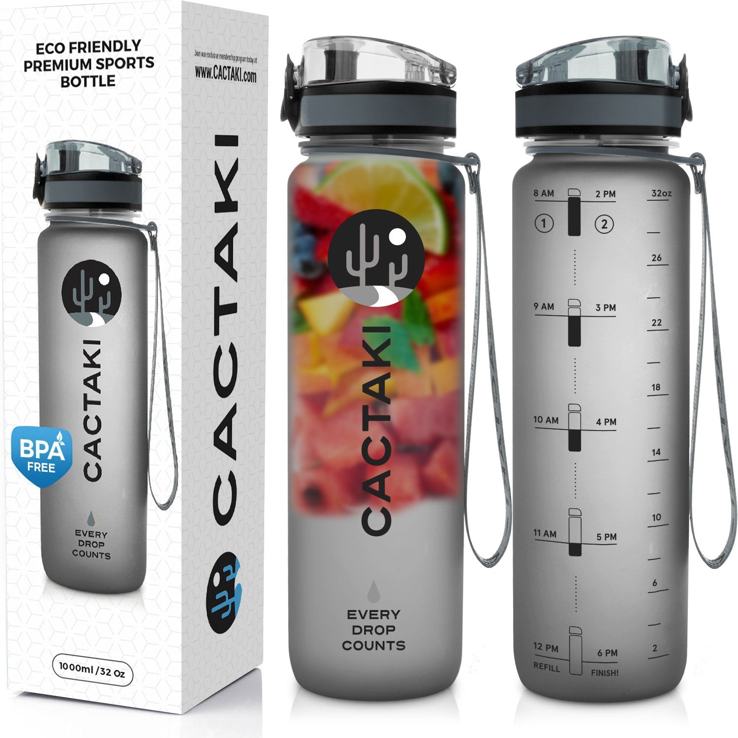 Cactaki BPA Free Sports Water Bottle with Time Marker