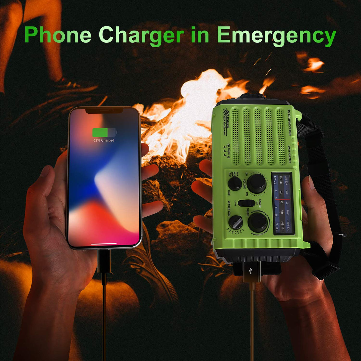 OnLyee Hand Crank Radio, Emergency Weather Solar Portable Radio 5-Way Power Sources AM/FM/SW/NOAA Weather Radio with LED Flashlight, Reading Lamp, 2000mAh Power Bank USB Phone Charger, SOS Alarm and