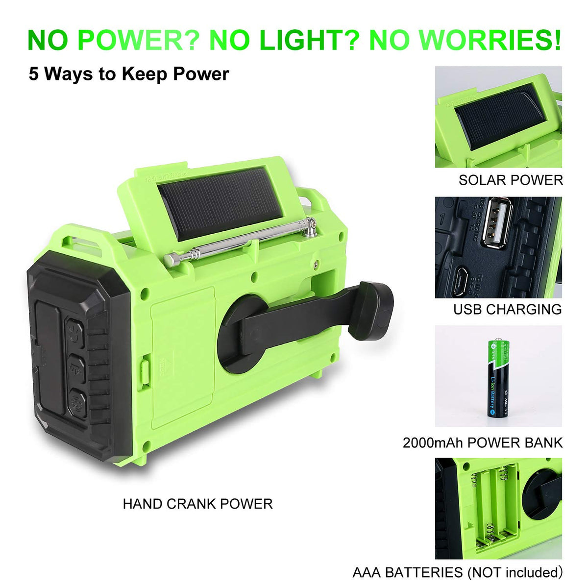 OnLyee Hand Crank Radio, Emergency Weather Solar Portable Radio 5-Way Power Sources AM/FM/SW/NOAA Weather Radio with LED Flashlight, Reading Lamp, 2000mAh Power Bank USB Phone Charger, SOS Alarm and