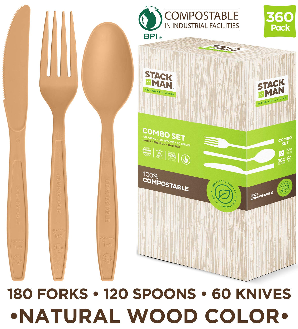 Stack Man Disposable Cutlery Set [360 Pack] 100% Compostable Plastic Silverware
