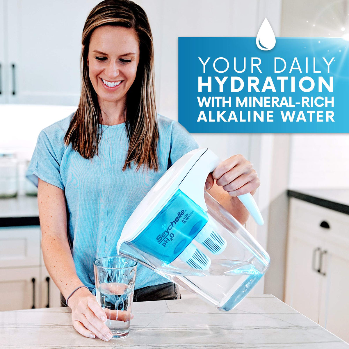 Seychelle pH2O Alkaline Water Filter Pitcher - pH Enhancing Filtration - 200 Gallon Capacity - USA-Made Filter, BPA-Free, 64oz