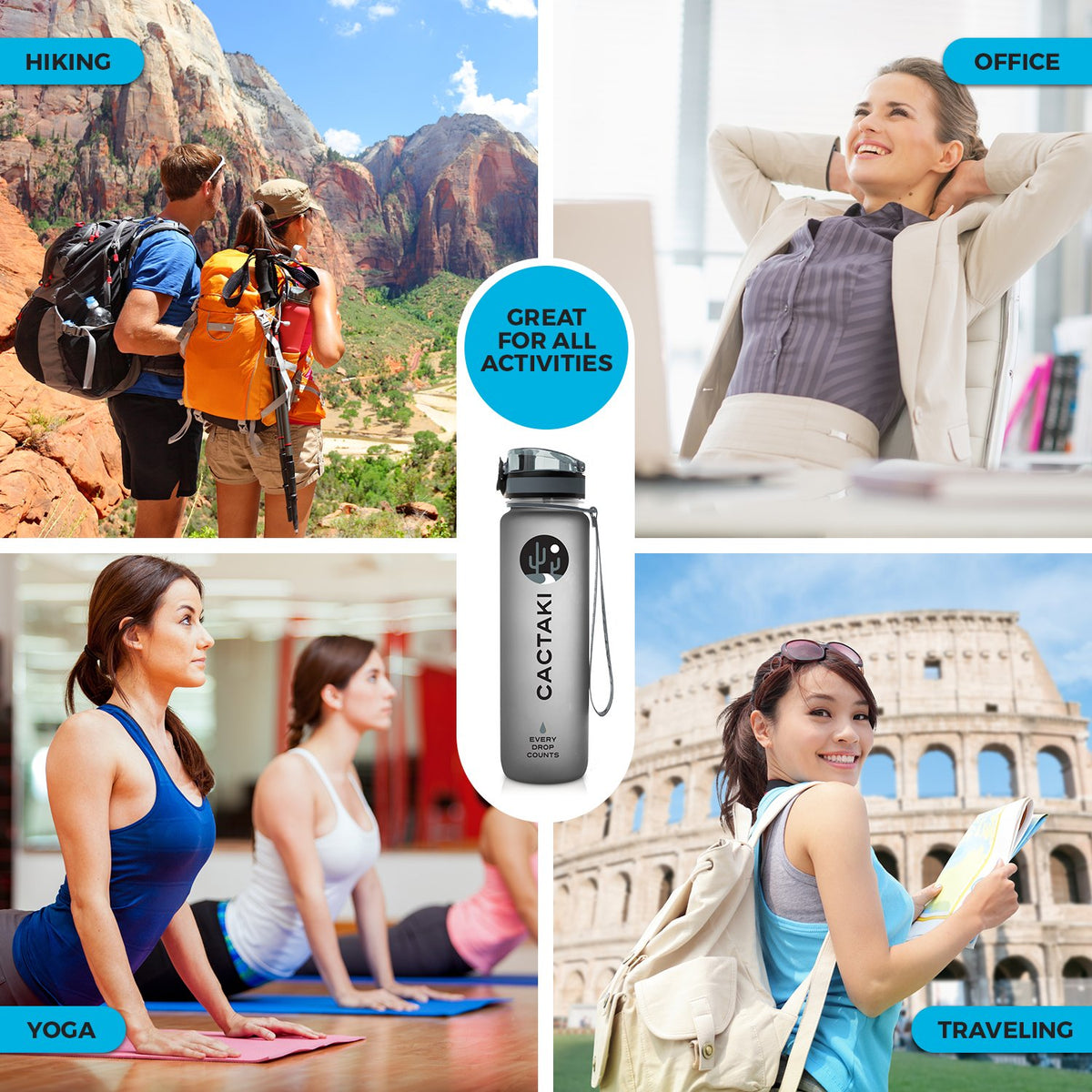 Cactaki BPA Free Sports Water Bottle with Time Marker