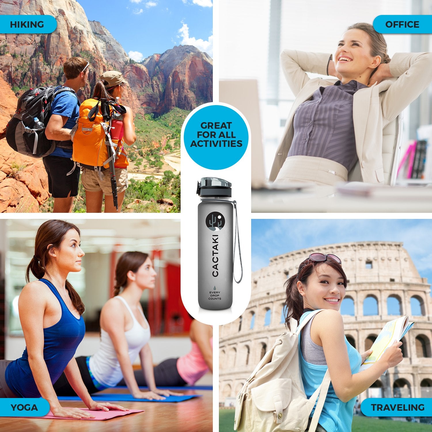 Cactaki BPA Free Sports Water Bottle with Time Marker