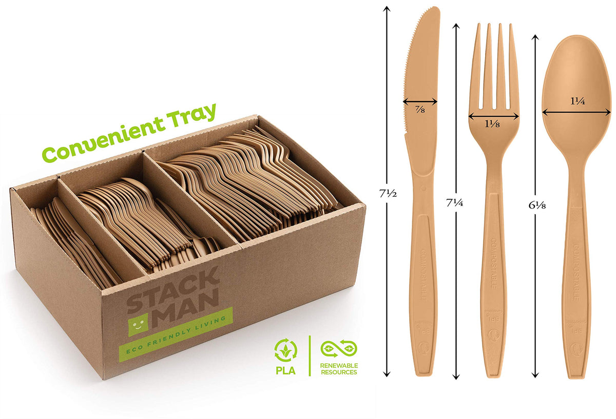 Stack Man Disposable Cutlery Set [360 Pack] 100% Compostable Plastic Silverware