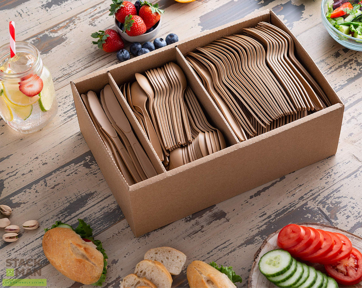 Stack Man Disposable Cutlery Set [360 Pack] 100% Compostable Plastic Silverware
